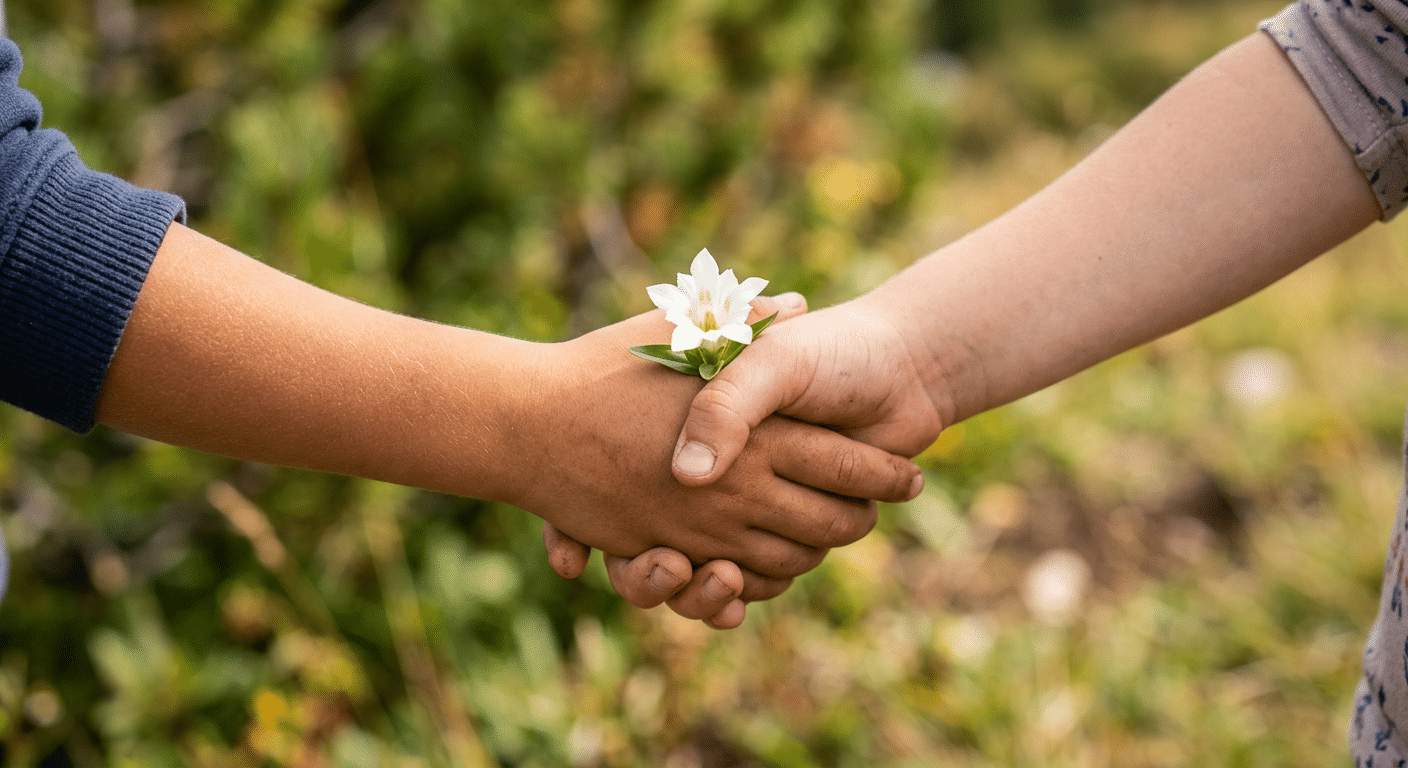 Zwei Kinderhände, die sich in einer freundlichen Begrüßungsgeste mit Händedruck berühren. In den sich berührenden Händen halten sie gemeinsam eine einzelne, leuchtend weiße Enzianblüte